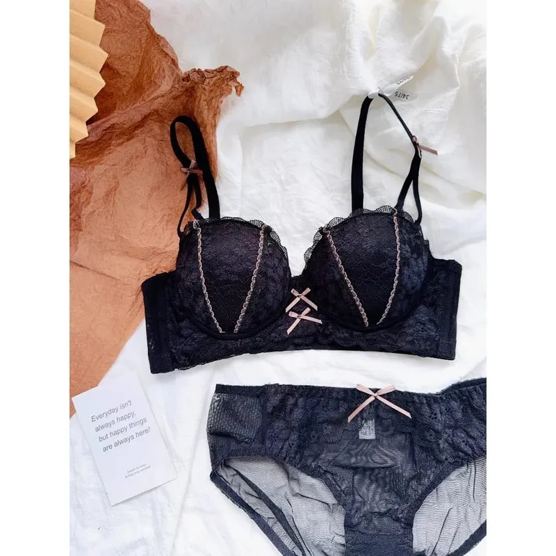 Sweet French Lace Women Bra Set Wire Free Push Up Lingerie Top Side Support Anti Sag Brassiere Panty Suit For Small Bust 32‑38