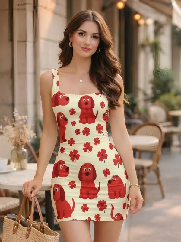 Women Square Neck Strap Mini Dress Slim Fit Weekend Brunch Date Casual Elegant Outfit for Street Vacation Shopping Outfits