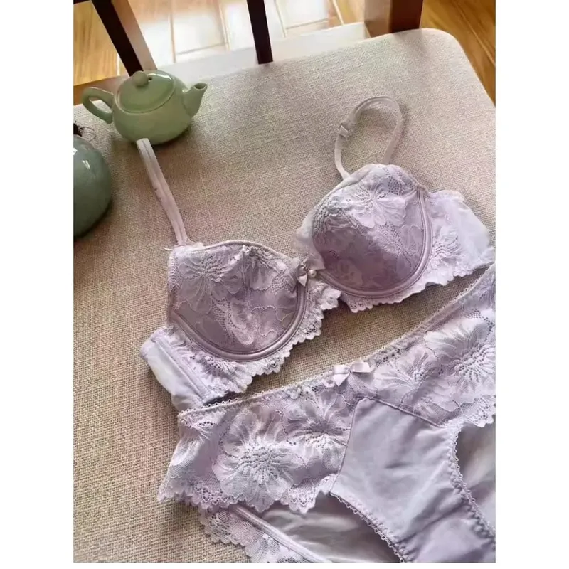 Summer Thin Lace Bra Set For Women Push‑Up Gather Side Fat Control Anti‑Sagging Sexy Soft Lingerie Underwear Kit