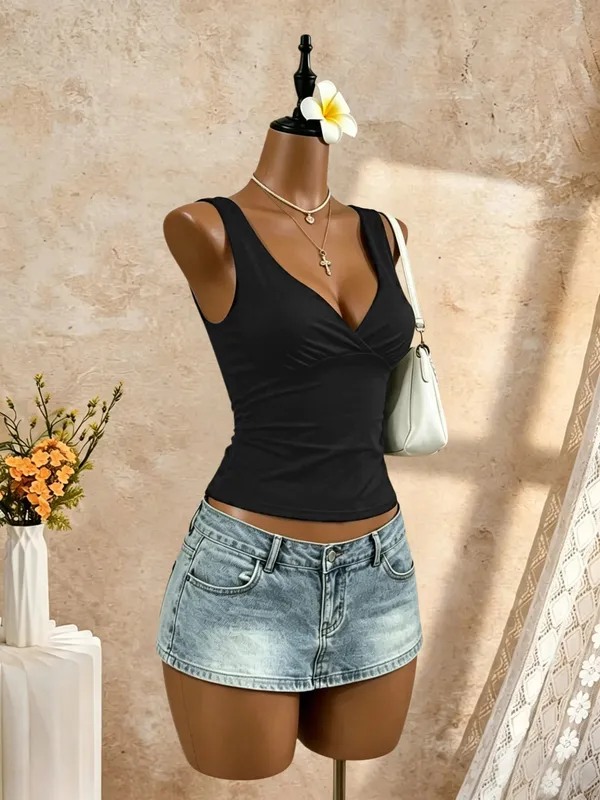 Women Wide Strap Deep V Wrap Front Open Back Tie Slim Crop Camisole 2026 Summer Y2K Going Out Streetwear Tank Tops