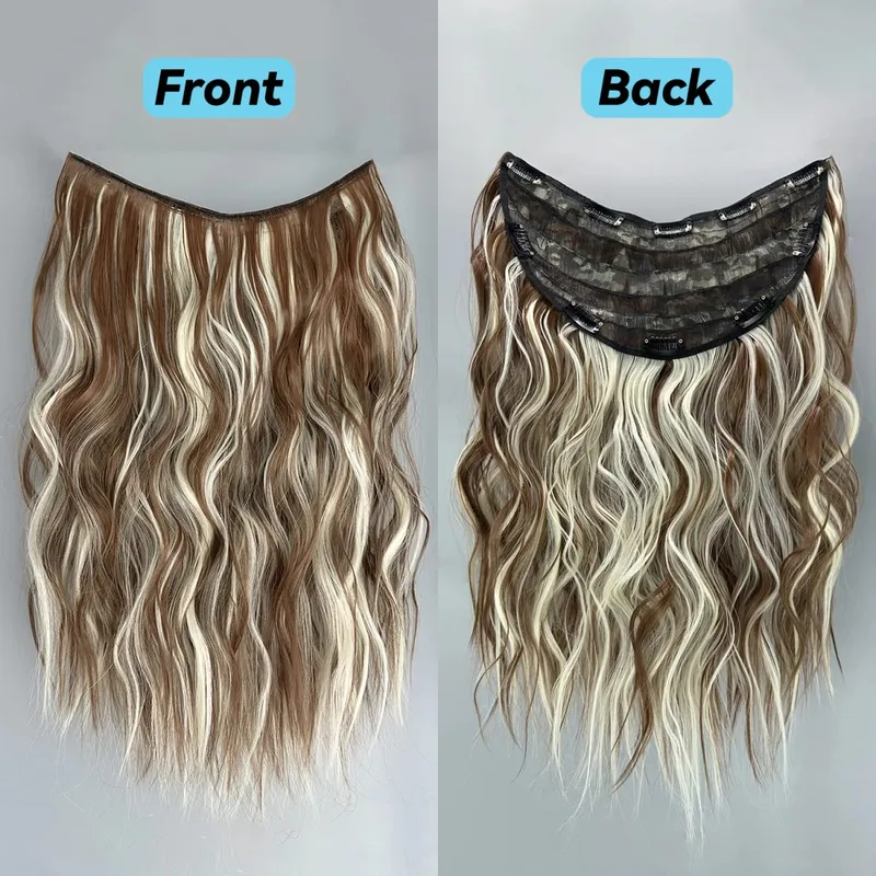 Clip In Synthetic Hair Extensions 22 Inch Long Wavy V-Shaped Hair Extension Gold Hair Piece With 10 Clips For Women Daily Use — image 14