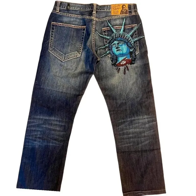 Harajuku Y2k Diamonds Wide Leg Jeans 2000s Casual Denim Pants High Waist Straight Jeans Vintage Statue of liberty Men Clothing