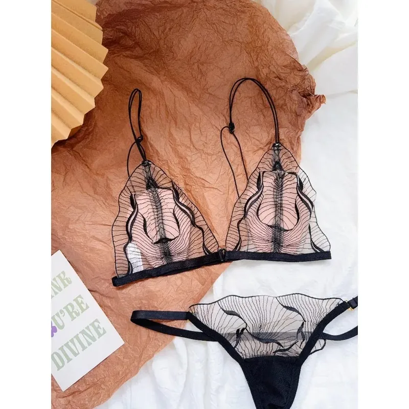 Premium French Triangle Cup Lace Wireless Bra Set Ultra Thin Thin Strap Soft Sexy Backless Lingerie 32‑38 A-B CUP Set