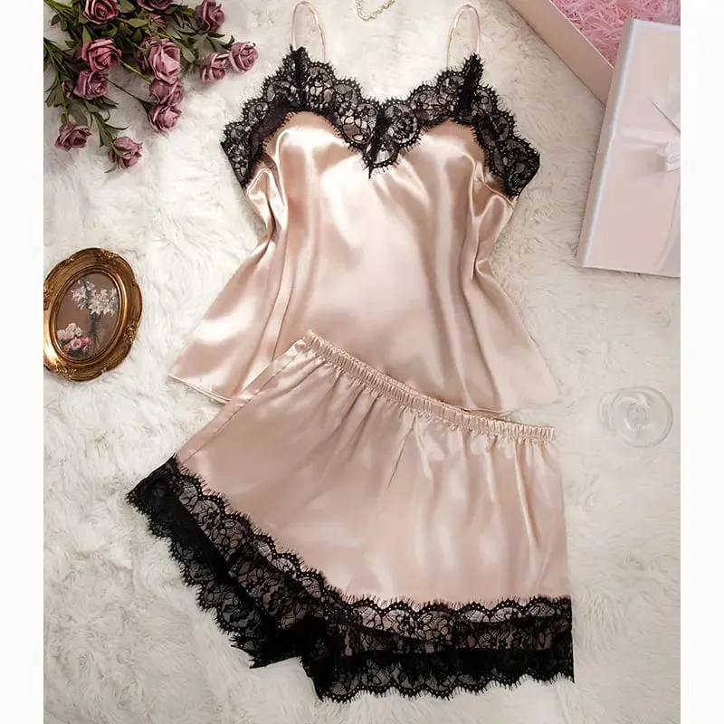 Pink Satin Bra And Panty Sets Silky-Soft Women's Underwear Elegant Loungewear Lace Bras And Pajama Set Spaghetti-Strap Lingerie