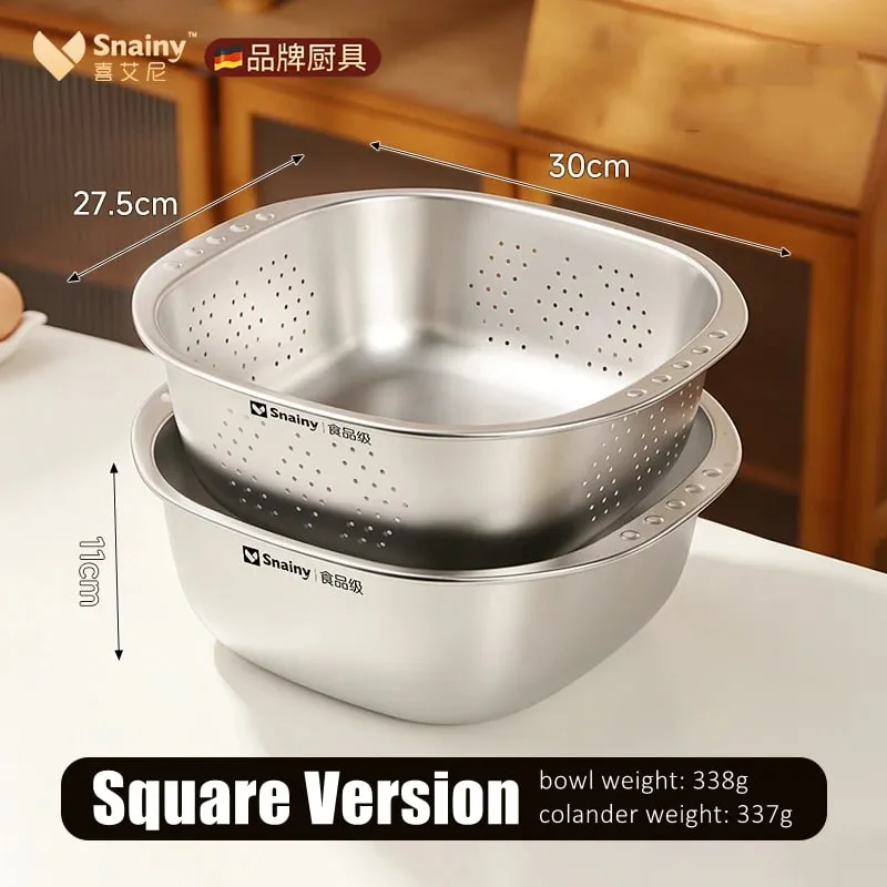 Food-grade Stainless Steel Basin and Colander Set Washing and Draining 2 in 1 Kitchen Accessories Ultrasonic Polishing Gadgets