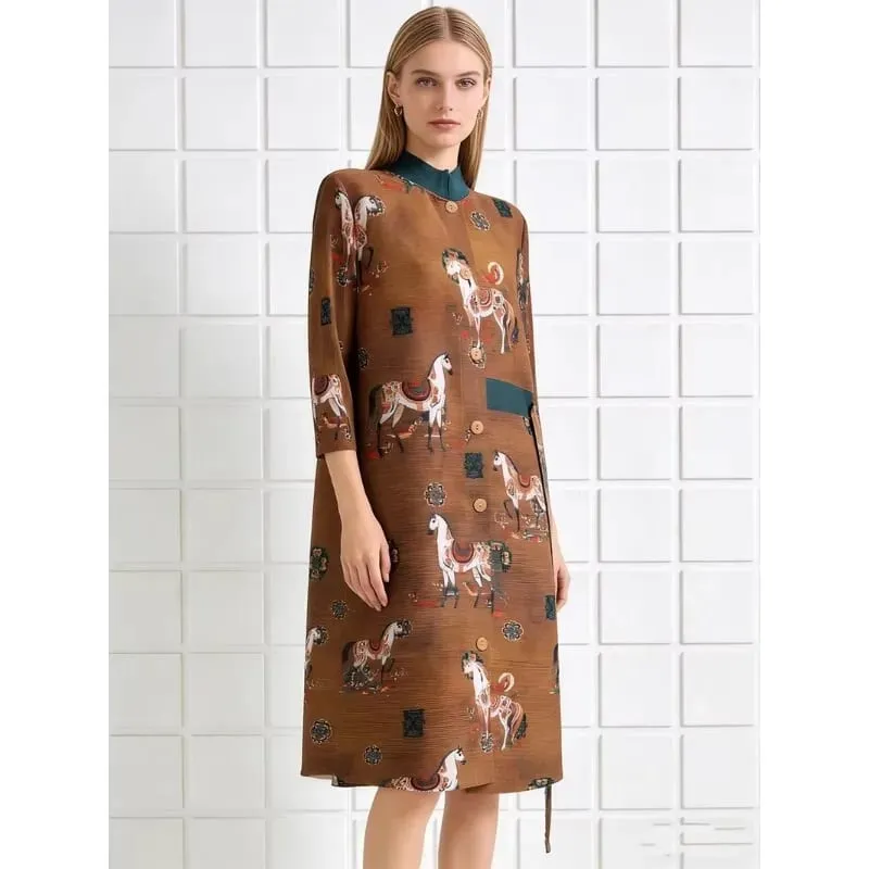 Miyake Pleated Dresses 2026 European New Printed Long Sleeve Single-Breasted Cardigan Jacket Stretch Plus Size Women's Clothing