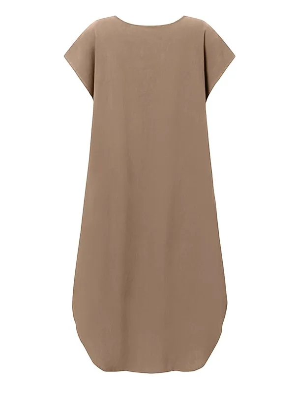 Summer Casual Cotton Dress for Woman O-Neck Short Cap Sleeve Loose Cotton Knee-Length Dress Vacation Day Wear Robes Femme