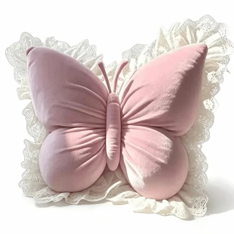 Elegant Velvet Butterfly Plush Pillow Soft Lace Trim Bow Plush Cushion Cute Plush Bow Throw Pillow Bedroom