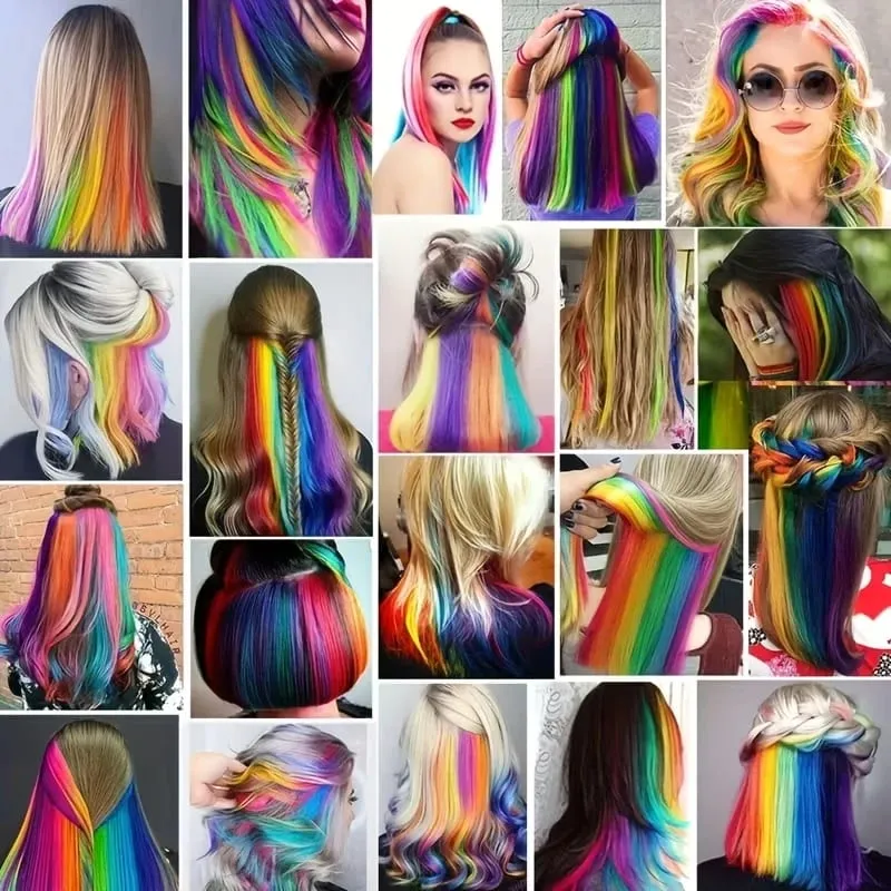 22Inch Synthetic 6pcs Long Straight Hair Extension Colored Rainbow High-Temperature Fiber Hairpiece for Women Daily Party Use