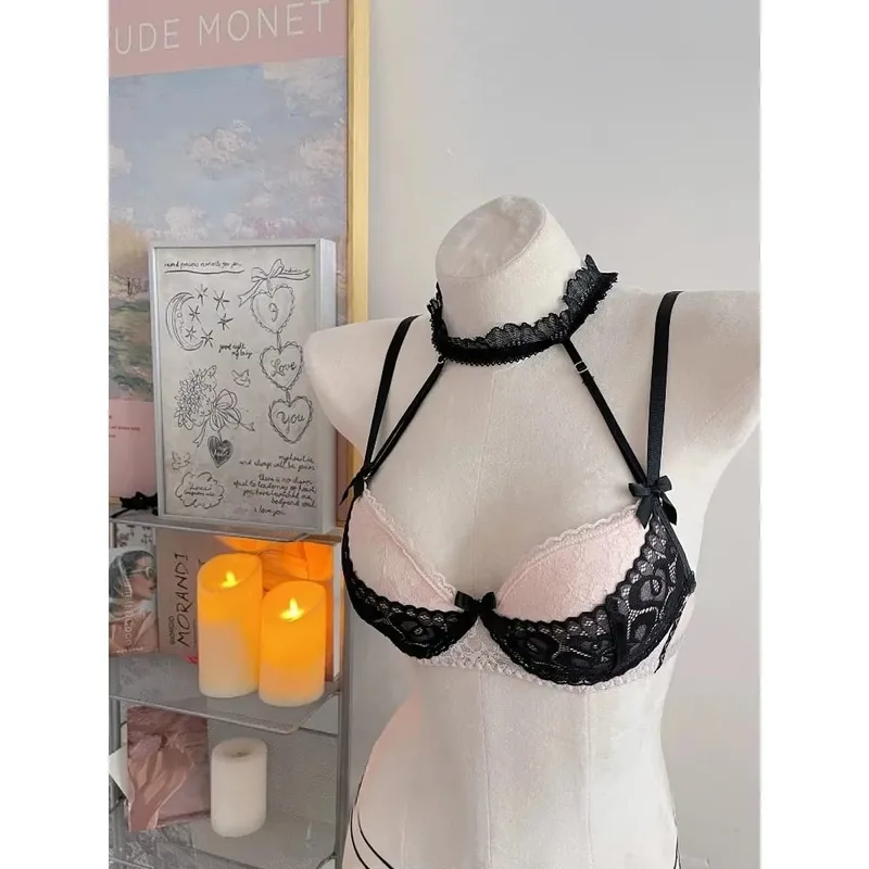 Ladies Halter Neck Lace Bra Detachable Bow Design Underwire Push Up Brassiere Side Breast Collection Daily Intimates Lingerie