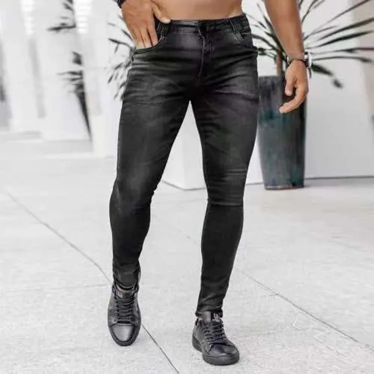 Men High Waist Skinny Jeans Stretch Pencil Pants Solid Color Ins Trendy Street Slim Fit Denim Trousers Male Casual Pants