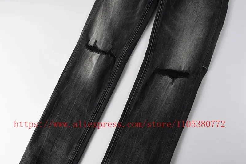 2026 New Arrival Men's Dark Grey Washed Slim Fit Skinny Jeans Ripped Stretch Denim Casual Pants Streetwear Trousers