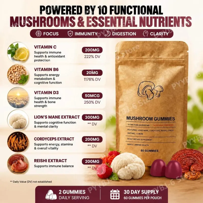 Mushroom Gut Health Gummies with Vitamin C B6 D3 and 8 Mushroom Extracts for Mental Clarity & Immune Support 60 Gummies
