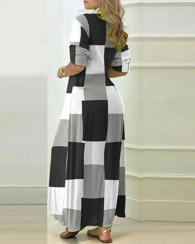 2024 Summer Long Sleeved V-neck Button Up Shirt Dress For Women Casual Striped Printing Single Breasted High Split Maxi Dresses
