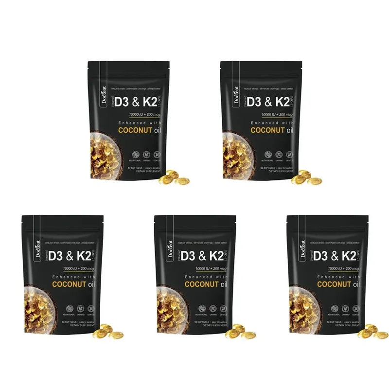 Docteat Vitamin D3 & K2 Softgels with Magnesium and Coconut Oil for Bone Nutrition Balance Immune System Balance - 60 Softgels