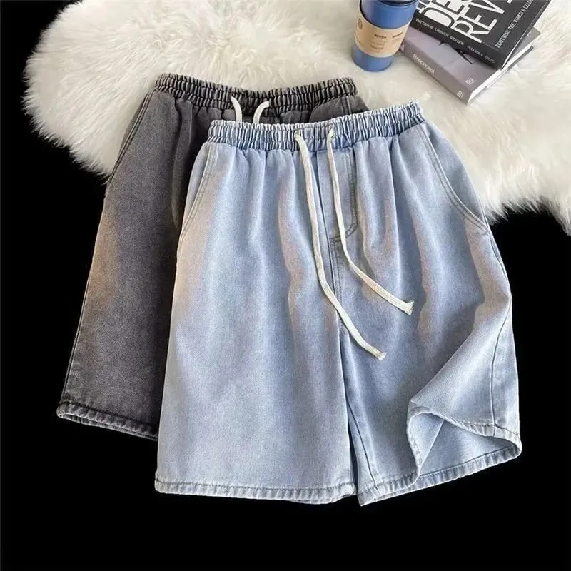 Summer Elastic Waist Jeans Men's Shorts Trend Loose Casual American Five-point Pants