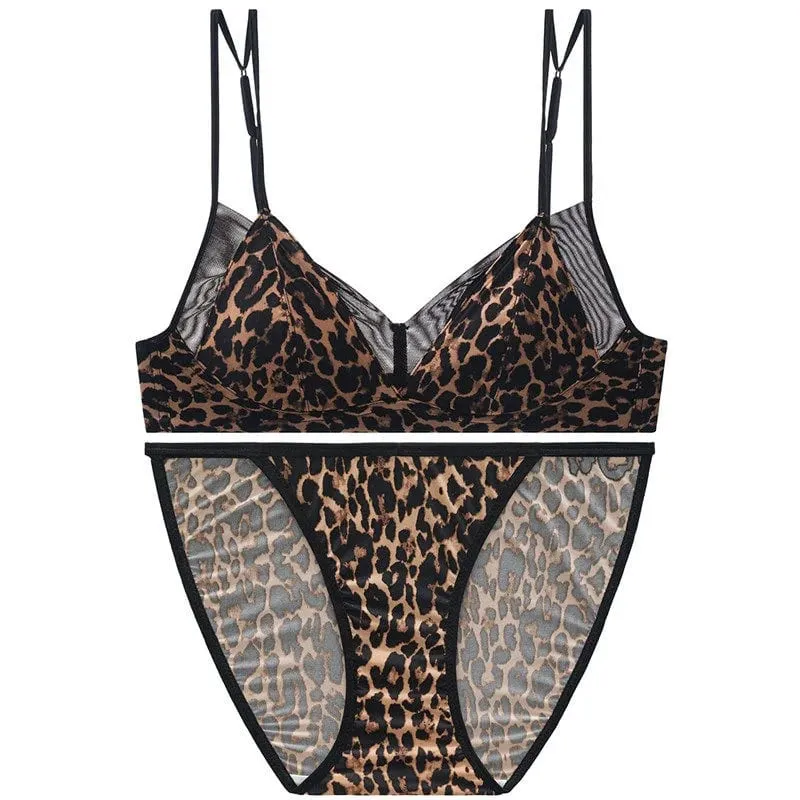 Modish Leopard Intimate Set Non-wire Thin Triangle Bra Breathable Summer Nude Fabric Small Chest Firm Gathering Womens Indoor