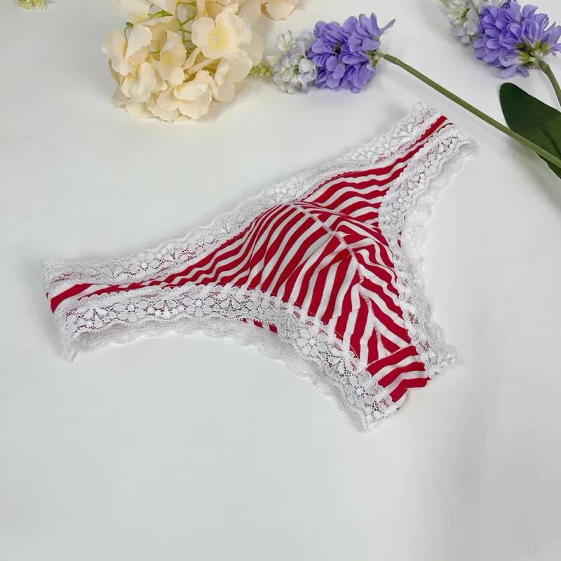 Men Lace Trim Striped G-string Underwear Half-covered Butt Low-rise Pantie Breathable Sexy U Bulge Pouch Comfortable Tong