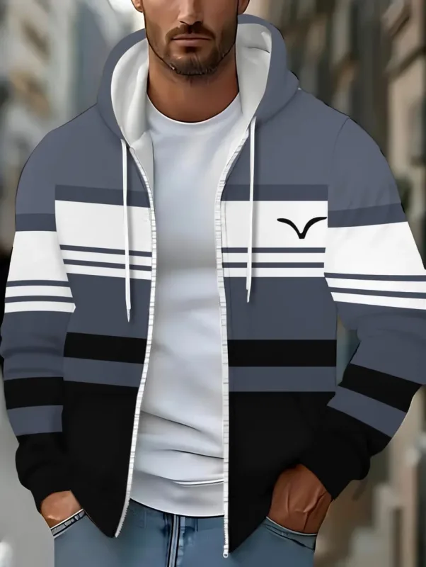 Hoodies for Man Striped Print Full Zip Sweatshirt Outdoor Wear Man Hoodie Fashion Casual Loose Sports Tops Pullover Man Clothing