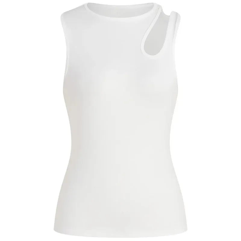 Women's White Ribbed Knit Tank Top Round Neck Cut Out Shoulder Slim Fit Sleeveless Cami Casual Vest Spring Summer Daily Outfit