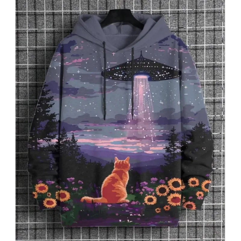 2026 Men's Hoodies Funny Hip Hop Black Cat DJ Art UFO 3D Printed Sweatshirt Men Women Tracksuit Oversized Casual Street Y2k Coat