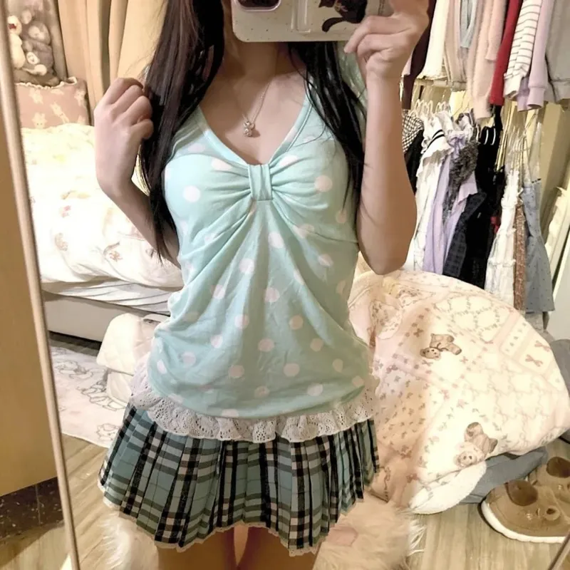 Kawaii T-shirts Ropa Mujer Tank Japanese Sweet Vest Women Vintage Polka Point Sleeveless Tops Fashion Summer Camis Ruffles Slim