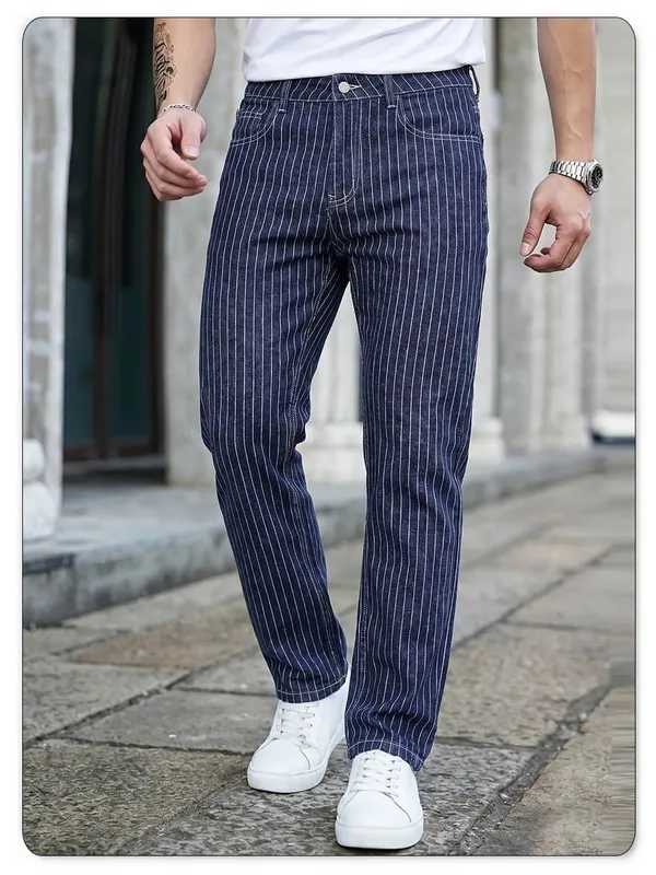 Light Luxury Blue White Striped Jacquard Slim Elastic Fit Straight Leg Jeans Business Casual Style Commuting Denim Pants