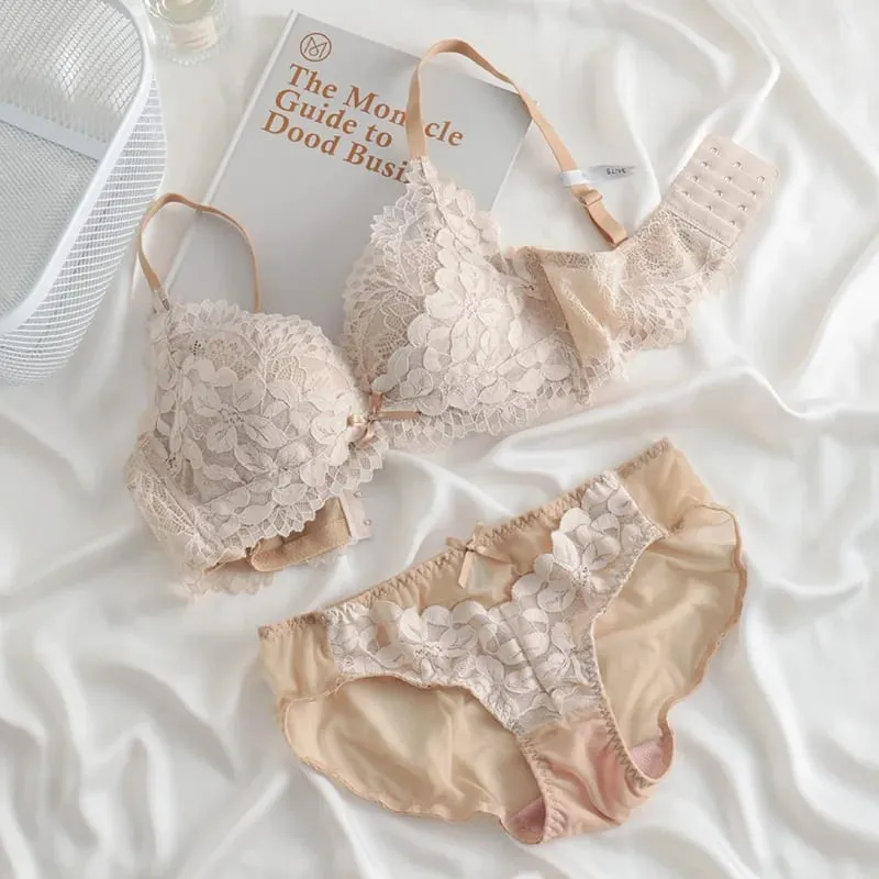 Push Up Bra for Small Breasts Lift & Gather Unpadded Lace Bra Set Adjustable Anti-Sagging Wireless Comfort Luxury Lingerie