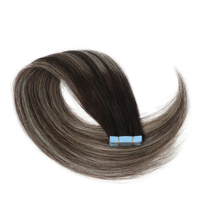 Black to Light Gray Color Tape in Hair Extensions Human Hair Seamless Tape Hair Extensions Skin Weft PU Tape On Hair 20Pcs 30G