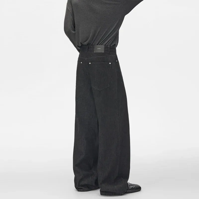 Autumn New Black Men's Loose Casual Raw Denim Versatile Long Pants Wheat Ear Front Button Design Straight Cut Jeans 9X4149
