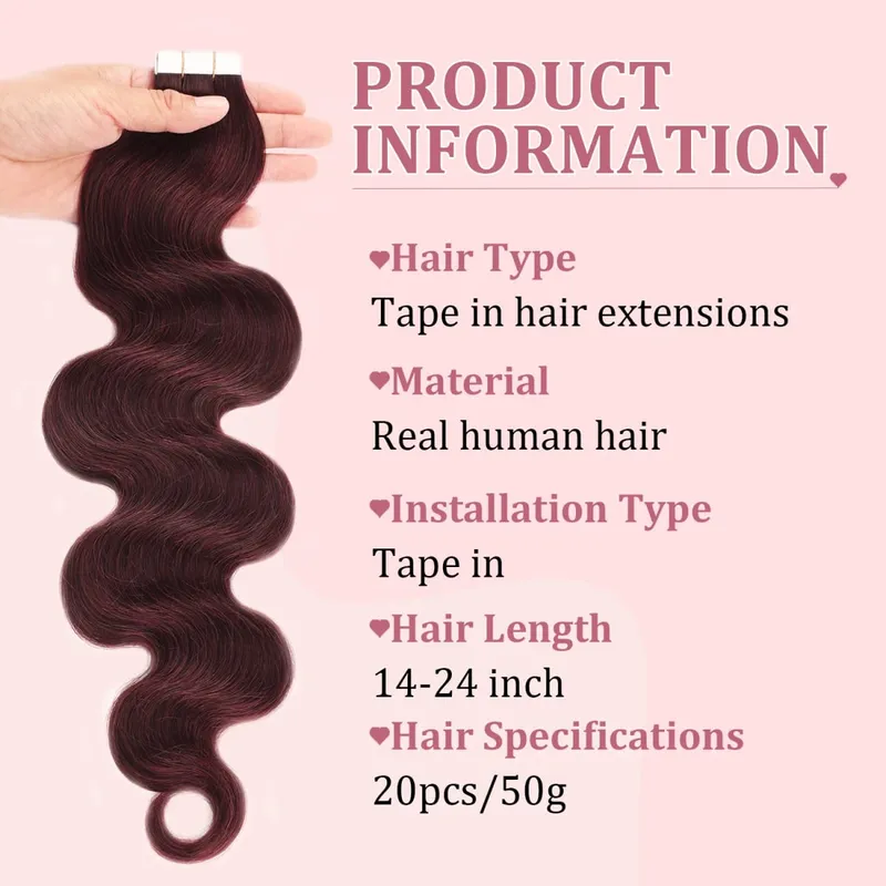 20pcs Seamless Remy Tape in Human Hair Extension #99J Dark Wine Body Wave PU Skin Weft Real Virgin Human Hair Tape ins Extension