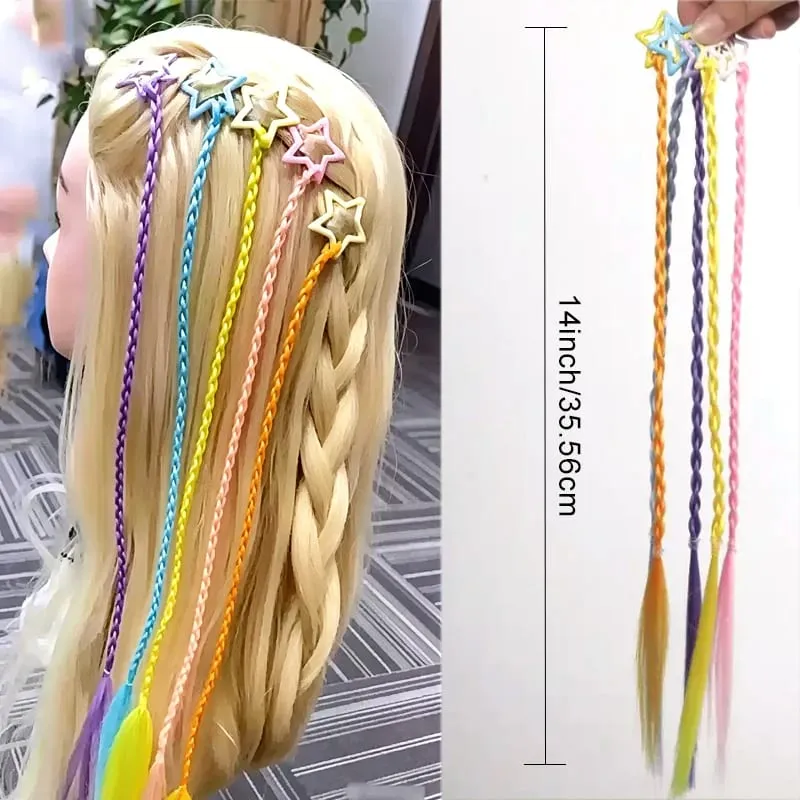 5Pcs Star Hair Clip Braids Extensions Colorful Synthetic Braid Hair Accessories for Girls Kids 35cm/14inch Y2K Party Cosplay