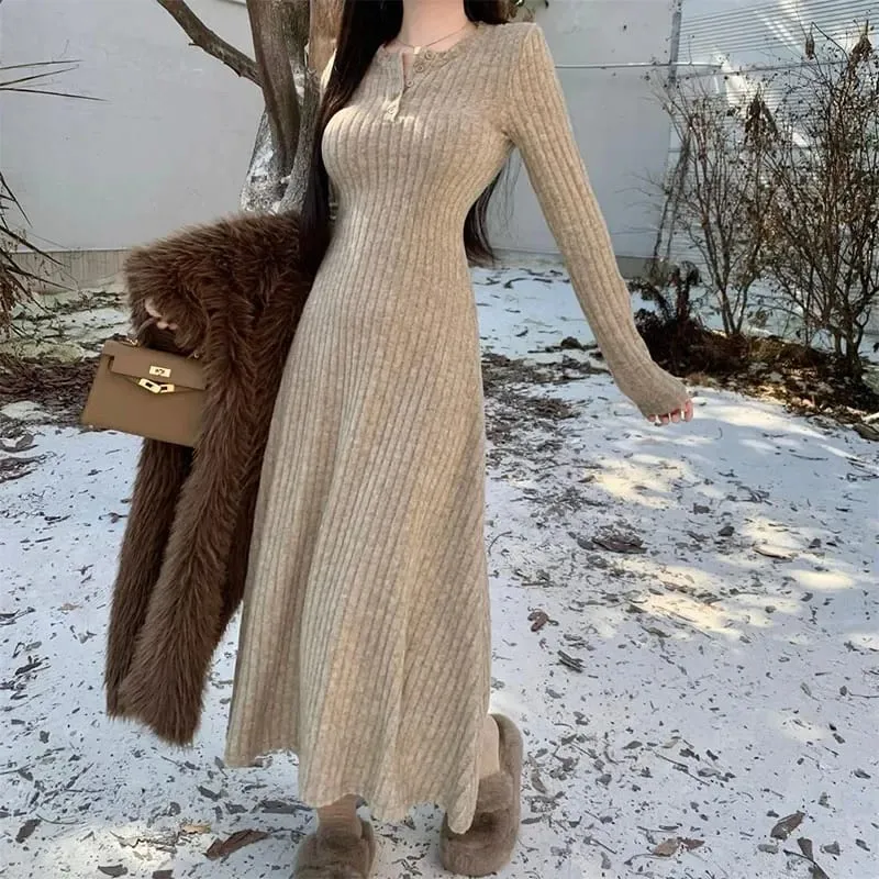 Smvp Gaun Rajut Pinggang Tinggi Ramping Elegan Gaun Panjang Hangat Tebal Lengan Panjang Musim Gugur Musim Dingin Wanita Vestidos Pakaian Jalanan Antik — image 4