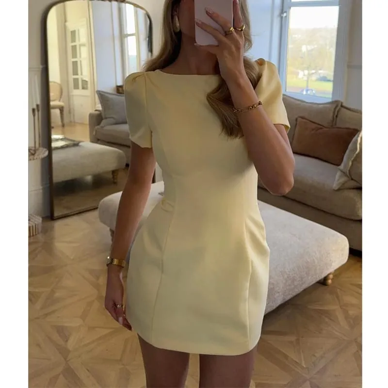 2026 Pleated Short Dresses for Women Yellow Holiday Women's Dresses Elegant Party Dresses Woman Short Sleeve Formal Dress — image 6