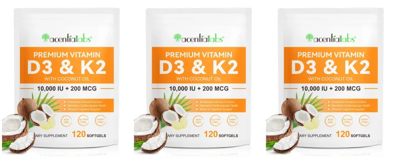 Acentiallabs Premium Vitamin D3 K2 Softgels kosttilskud Kokosolie Vitamin D3 AK2 bløde kapsler til immunstøtte til voksne