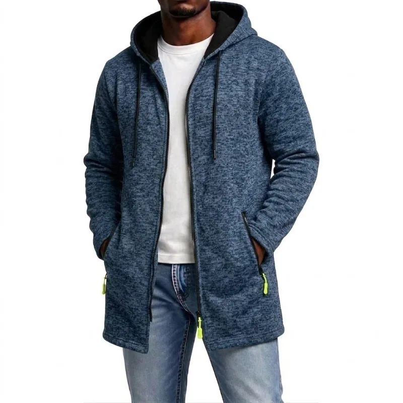 New Men's Zip Up Hoodie Casual Mid-Length Sweatshirts Fleece Jacket Warm Winter Hooded Trench Coat Outerwear with Zipper Pockets