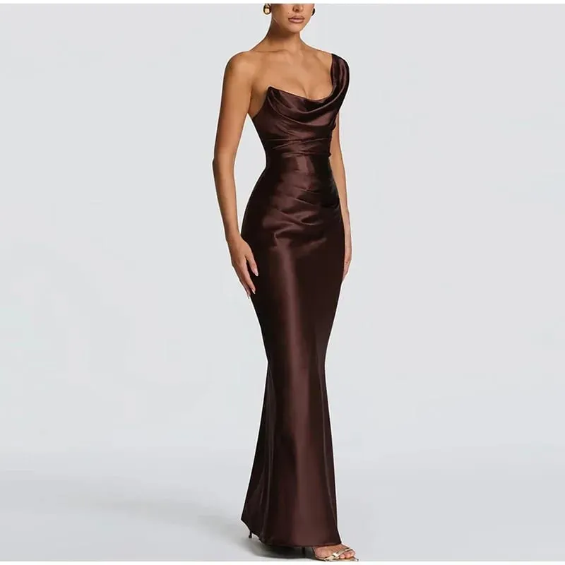 New One Shoulder Satin Women 's Maxi Dress Cowl Neck Ruched Waist Bodycon Dresses Summer Woman Formal Evening Party Vestidos