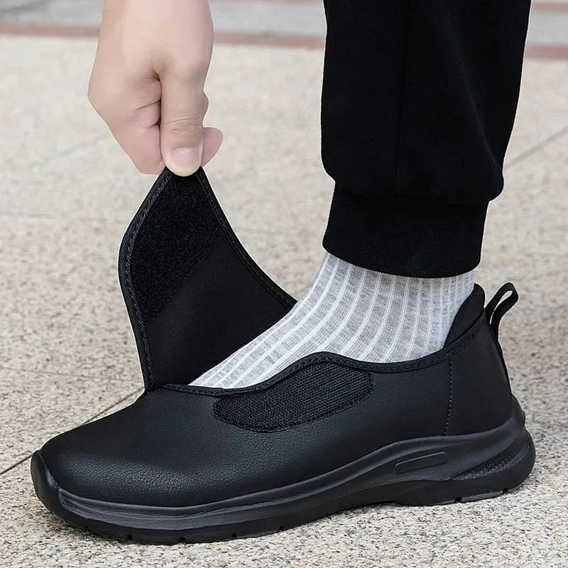 Tênis ortopédico masculino de couro para diabéticos, gancho ajustável e laço, sapatos abertos para pés inchados, sapatos confortáveis ​​para caminhada