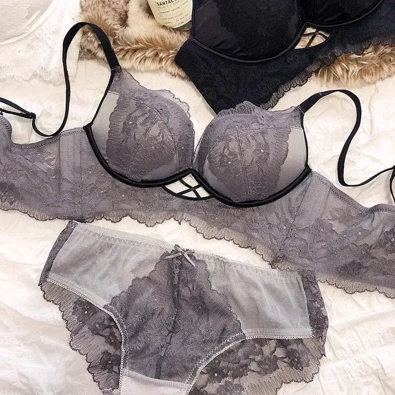 Lenceria Para Damas weiße Spitzen-BH- und Höschen-Sets für Damen, Push-Up, drahtlos, nahtloses Dessous-Set, schwarze, ausgehöhlte Unterwäsche