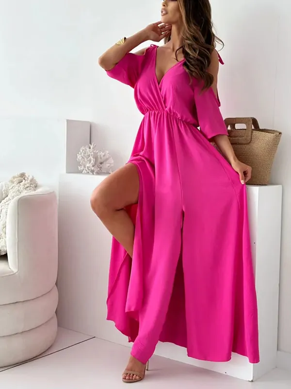 Summer V-neck Skirt Slit Dress Off-shoulder Sleeves Sexy Spaghetti Strap Dress Fashion Elegant Loose Beach Dresses Robe Femme