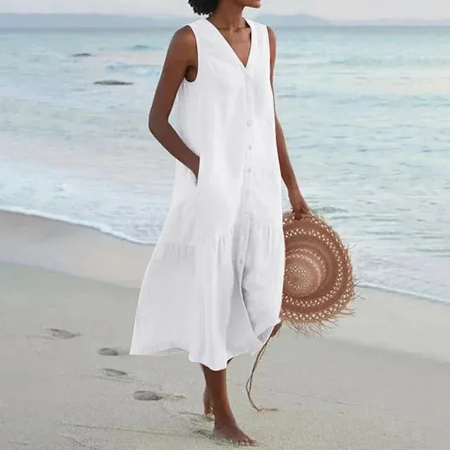 Sommer Lose Casual Patchwork Baumwolle Leinen Taschen Kleid V-ausschnitt Strand Stil Kleid Ärmelloses Vintage Club Midi Solide Frauen kleid