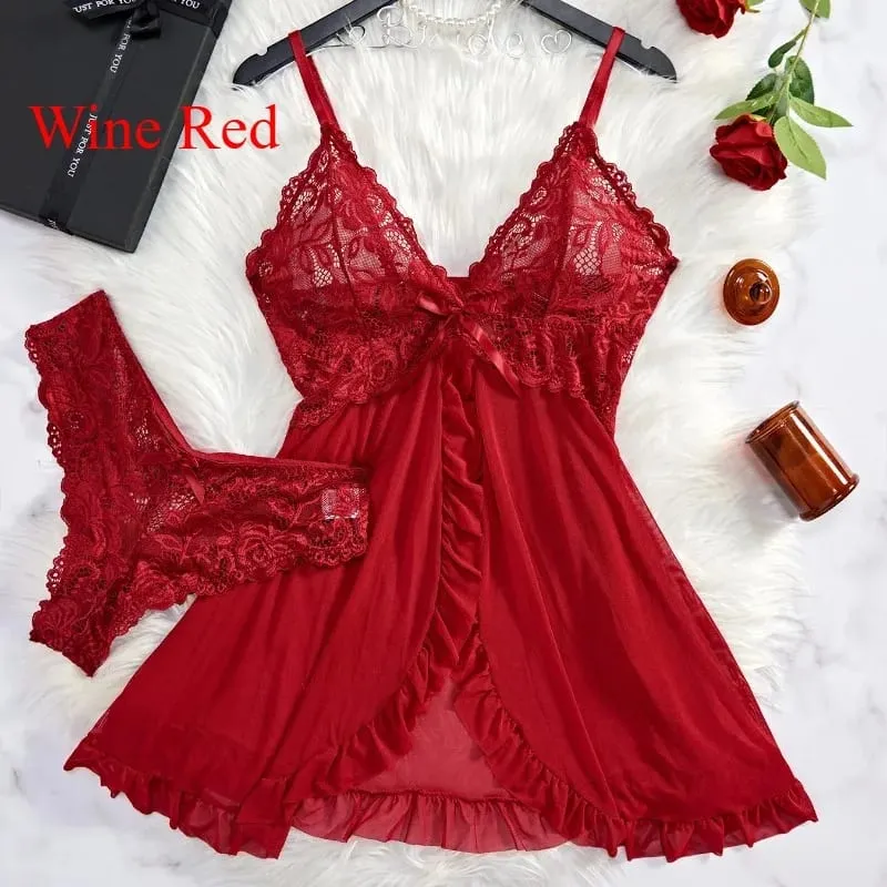 Women's Sexy Lace V-Neck Babydoll Lingerie Set 2 Piece Soft Nightdress with Panty Sleepwear for Honeymoon S-XL