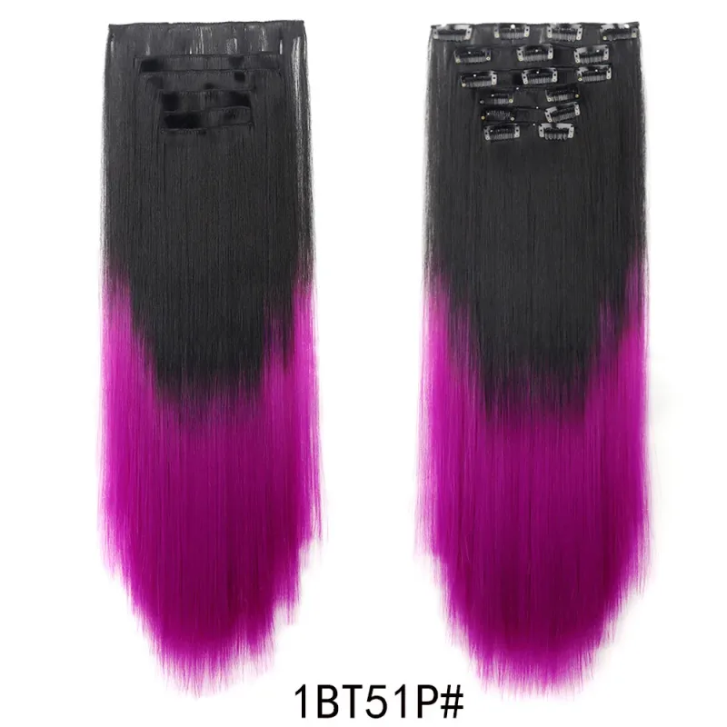 6 ชิ้น 24 นิ้วสี Ombre คลิปต่อผมยาวสังเคราะห์ตรง Hairpieces Layered นุ่มคลิปที่มองไม่เห็น Ins Extensions