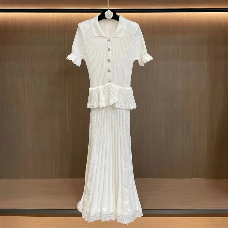 New Summer Women's Lace-Trimmed Short-Sleeve Knitted DressY2K High-Quality Fashionable Casual Faux Two-Piece Fishtail Maxi Dress
