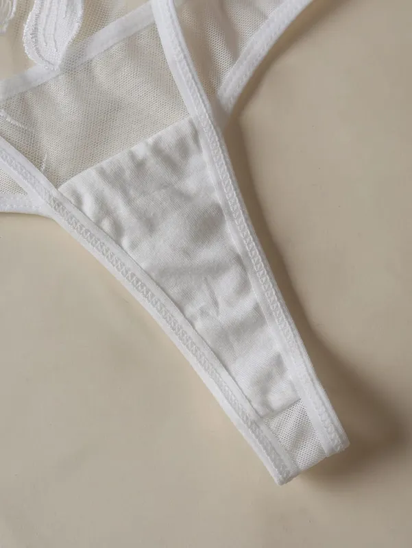 A1 Women White Floral Embroidery Lace Lingerie Set Sheer Mesh Underwire Bra Thong Panties 2 Piece Bridal Intimate Nightwear