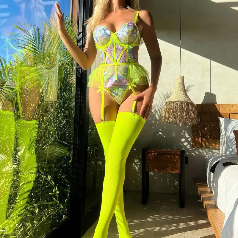 Neon Green Floral Embroidery Bodysuit Lingerie Set Mesh Sheer Teddy with Garter Belt and Thigh High Stockings Clubwear Lenceria