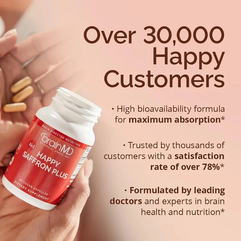 Happy Saffron Plus Supplement for Mood Memory - 90 Capsules - with Saffron Flower Extract Curcumin & Zinc - Vegan Gluten Free