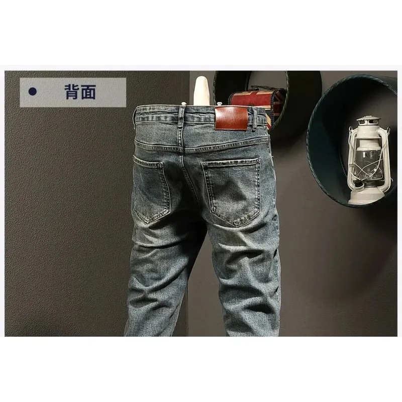 Classic minimalist retro blue jeans men's stretch slim fit 2025 autumn street fashion nostalgic small leg pants