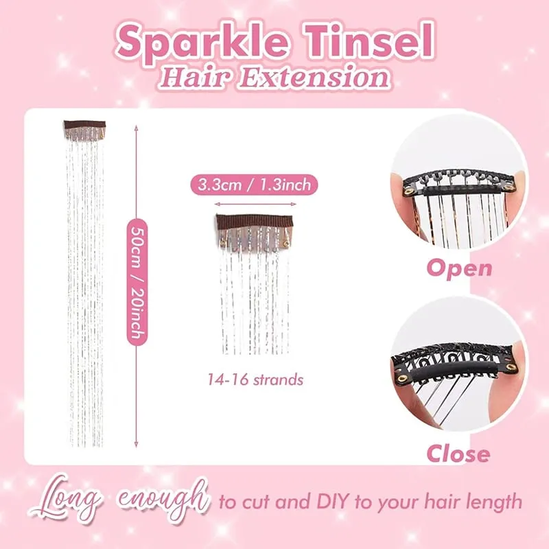 12Pcs Clip Hair Tinsel Clip in Glitter Tinsel Hair Extensions Synthetic Heat Resistant Shiny Sparkle Hair Tinsel for Women Girls