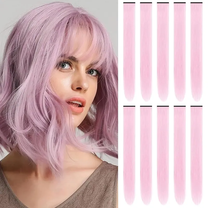 10 PCS Sintetik 22 inci Sambungan Rambut Berwarna Potongan Rambut Lurus Warna-warni Sorotan Pesta Klip dalam Panjang untuk Kanak-kanak Perempuan Wanita